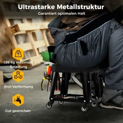 Dielenská stolička Dielenská stolička so zásobníkom na náradie a držiakom na náradie Dielenská pojazdná stolička čierna