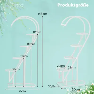 5-stupňový kovový stojan na rastliny v tvare srdca s háčikmi 71 x 30,5 x 148 cm biely