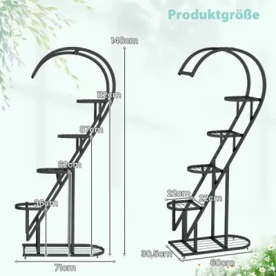 5-stupňový kovový stojan na rastliny v tvare srdca s háčikmi 71 x 30,5 x 148 cm čierny