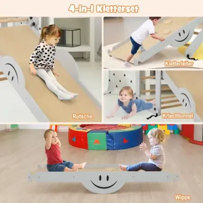 Skladacia drevená lezecká súprava s nastaviteľnou a obojstrannou rampou Montessori Climbing Set Grey