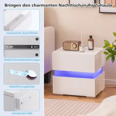 Nočný stolík sada 2 LED nočných stolíkov Nočný stolík s vysokým leskom Nočný stolík s 2 zásuvkami Biely
