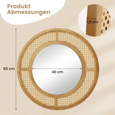 Okrúhle nástenné zrkadlo z ratanu ∅ 65 cm dekoratívne zrkadlo s prírodným dreveným rámom