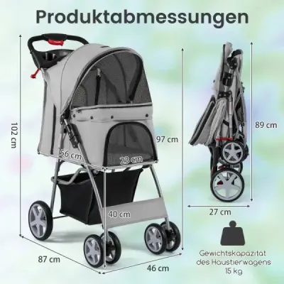 Kočík pre psov so sieťovanými okienkami a držiakom na pohár a prívesom Pets Buggy do 15 kg Grey