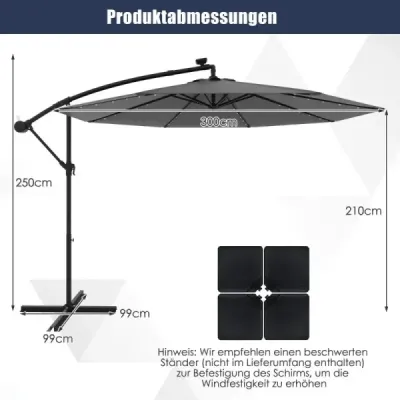 Slnečník 300 cm konzolový slnečník so 40 solárnymi LED svetlami a kľučkou Sivá