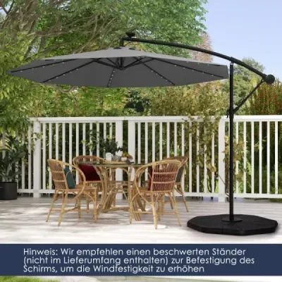 Slnečník 300 cm konzolový slnečník so 40 solárnymi LED svetlami a kľučkou Sivá