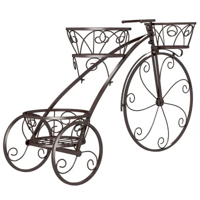 Kovový stojan na rastliny s dizajnom bicykla Stojan na kvety s 3 košmi Stojan na kvety Stojan na rastliny Bronzový