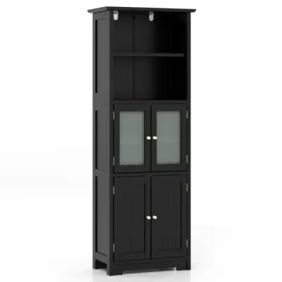 Kúpeľňová skrinka so sklenenými dvierkami 2 otvorené priehradky a nastaviteľné police Čierna