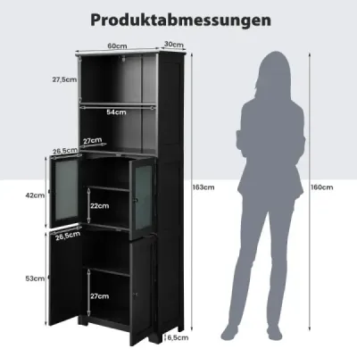 Kúpeľňová skrinka so sklenenými dvierkami 2 otvorené priehradky a nastaviteľné police Čierna