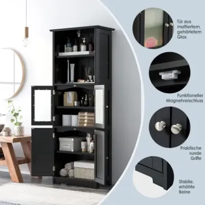 Kúpeľňová skrinka so sklenenými dvierkami 2 otvorené priehradky a nastaviteľné police Čierna