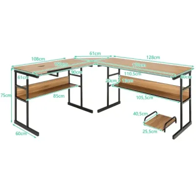 Písací stôl v tvare L s výklopnou doskou, spodnou policou na knihy a stojanom na procesor Kresliaci stôl Počítačový stôl 170 x 150 x 75 cm Orech