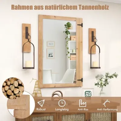 Nástenné zrkadlo na zavesenie s dreveným rámom a kovovými háčikmi Závesné zrkadlo drevené zrkadlo