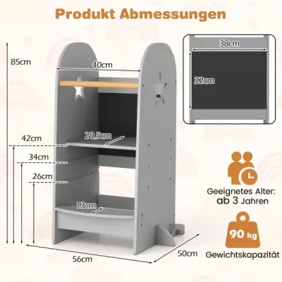 Detská učiaca veža 3 v 1 s 3 nastaviteľnými výškami a nosnosťou 90 kg sivá Detská učiaca veža 3 v 1 s 3 nastaviteľnými výškami a nosnosťou 90 kg sivá