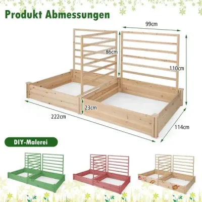 Vyvýšená zahon z jedľového dreva s mrežovým kvetináčom s mrežou 222 x 114 x 110 cm prírodný