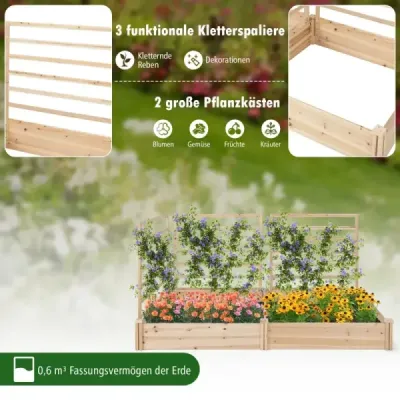 Vyvýšená zahon z jedľového dreva s mrežovým kvetináčom s mrežou 222 x 114 x 110 cm prírodný