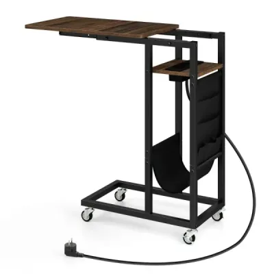 Príručný stolík v tvare C s nabíjacou stanicou a rozťahovacou doskou a bočným vreckom na rozkladací stolík hnedej farby