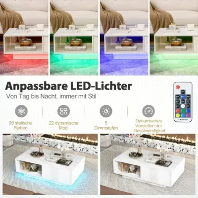 Konferenčný stolík s 20 farbami LED svetiel a diaľkovým ovládaním 95 x 55 x 31 cm Biela