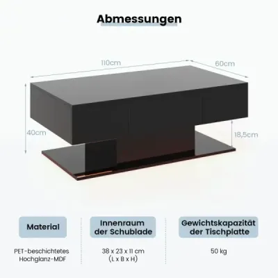 Konferenčný stolík s LED osvetlením vysoký lesk 20 farieb nastaviteľný jas 110 x 60 x 40 cm čierny