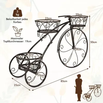 Kovový stojan na rastliny s dizajnom bicykla Stojan na kvety s 3 košmi Stojan na kvety Stojan na rastliny Bronzový