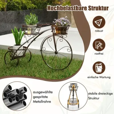 Kovový stojan na rastliny s dizajnom bicykla Stojan na kvety s 3 košmi Stojan na kvety Stojan na rastliny Bronzový