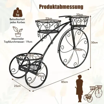 Kovový stojan na rastliny s dizajnom bicykla Stojan na kvety s 3 košíkmi Stojan na kvety Stojan na rastliny čierny