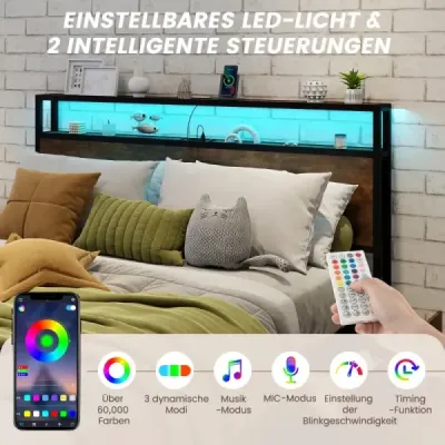 Posteľ s nabíjacou stanicou LED osvetlením a úložným priestorom so 4 zásuvkami s čelom a lamelovým roštom 200 x 160 cm Posteľ s nabíjacou stanicou LED osvetlením a úložným priestorom so 4 zásuvkami s čelom a lamelovým roštom 200 x 160 cm