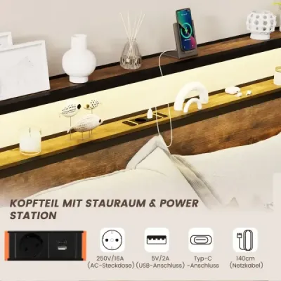 Posteľ s nabíjacou stanicou LED osvetlením a úložným priestorom so 4 zásuvkami s čelom a lamelovým roštom 200 x 160 cm Posteľ s nabíjacou stanicou LED osvetlením a úložným priestorom so 4 zásuvkami s čelom a lamelovým roštom 200 x 160 cm
