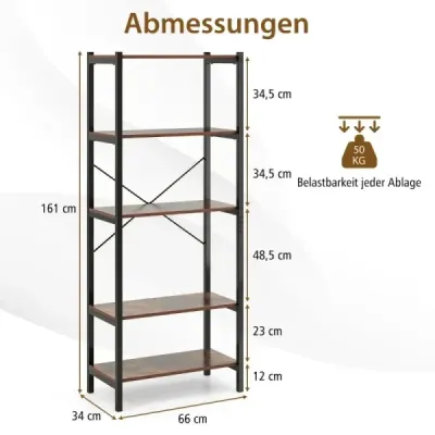 5-poschodová knižnica stojaca polica industrial vyrobená z dreva s kovovým rámom 66 x 34 x 161 cm