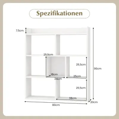 Regál na knihy so 7 kockami a otvorenou zadnou stenou horizontálne stojaca polica drevo 80 x 20 x 90 cm biela