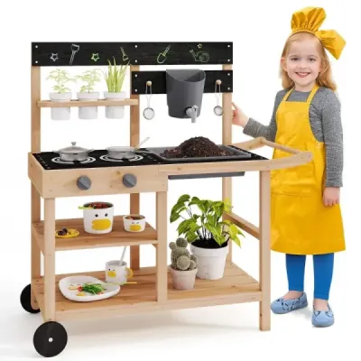 Kuchyňa na kolieskach Kuchyňa na hranie z jedľového dreva so stolom Rastlinné hrnce 87 x 36 x 91 cm