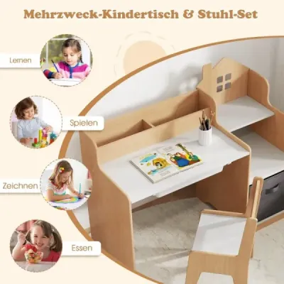 Súprava písacieho stola a stoličky pre deti Školský stôl s otvorenými policami Biela + príroda