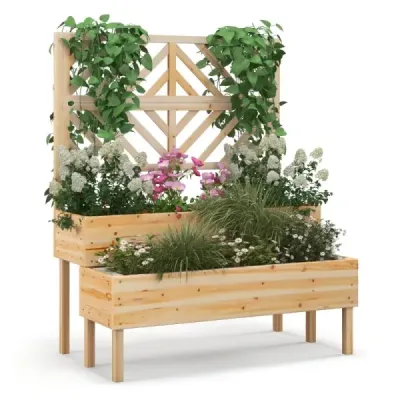 2-vrstvový záhradný záhon s mriežkou Drevený vyvýšený kvetináč s nohami 109 x 62 x 135 cm Prírodný