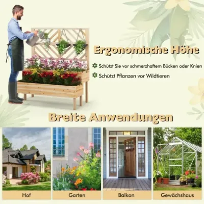 2-vrstvový záhradný záhon s mriežkou Drevený vyvýšený kvetináč s nohami 109 x 62 x 135 cm Prírodný
