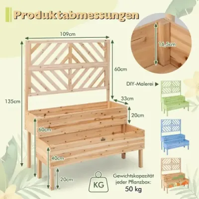 2-vrstvový záhradný záhon s mriežkou Drevený vyvýšený kvetináč s nohami 109 x 62 x 135 cm Prírodný