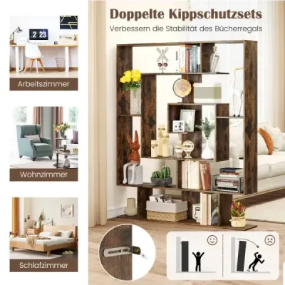 Regál so 7 úrovňami Rozdeľovač izieb Geometrický stojaci regál Kancelársky regál Rustikálna hnedá