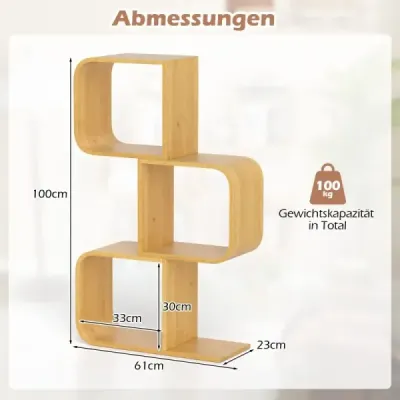 Bambusová knižnica v tvare písmena S s 3 úrovňami Stojaca polica Kocka Kancelárska polica 61 x 23 x 100 cm