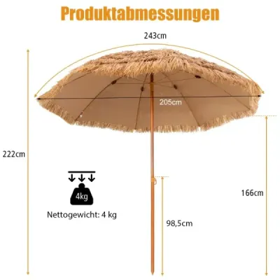 Slnečník 243 cm dlhý prírodný slamený slnečník
