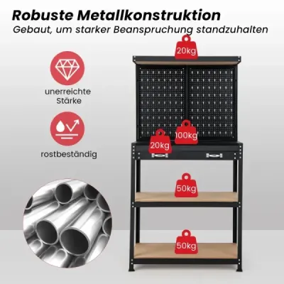 Pracovný stôl Stolík na náradie s perforovaným panelom Pracovný stôl so zásuvkou 81 x 41 x 155 cm Čierna + červená