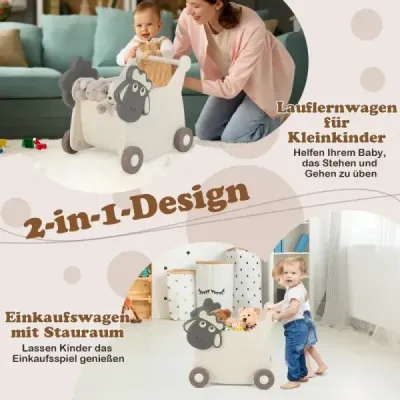 Detské chodítko v tvare ovečky na tlačenie a ťahanie s objemom 18 litrov a 4 kolieskami