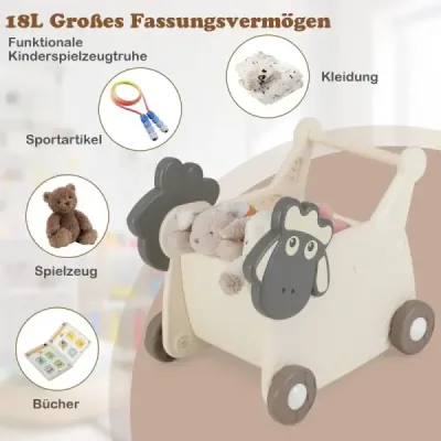 Detské chodítko v tvare ovečky na tlačenie a ťahanie s objemom 18 litrov a 4 kolieskami