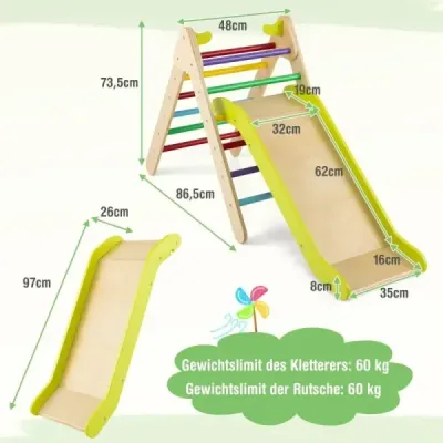 Hračka na lezenie Trojuholníková lezecká súprava 2 v 1 s výškovo nastaviteľnou šmýkačkou 86,5 x 48 x 73,5 cm Farebná