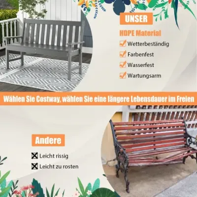 132 cm dlhá lavička Záhradná lavička z HDPE do každého počasia pre 2-3 osoby 132 x 65 x 91 cm Sivá