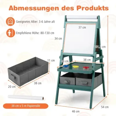 Detská tabuľa 3 v 1 s rolkou papiera a magnetickou tabuľou a bielou tabuľou Obojstranná detská tabuľa Zelená