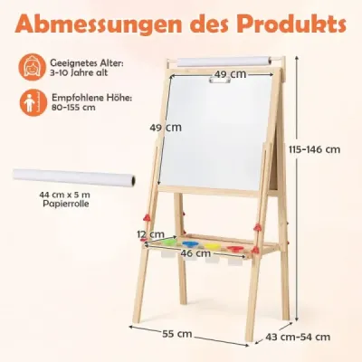 Detská tabuľa 3 v 1 s magnetickou kriedou a bielou tabuľou a rolkou papiera Výškovo nastaviteľná