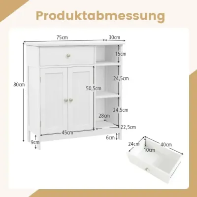 Kúpeľňová skrinka so zásuvkou a dvierkami a nastaviteľnou policou 75 x 30 x 80 cm Biela