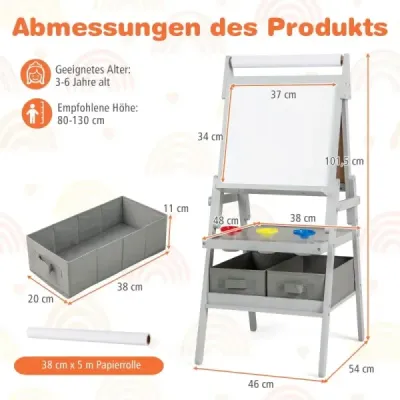 Detská tabuľa 3 v 1 s rolkou papiera a magnetickou tabuľou a bielou tabuľou Obojstranná detská tabuľa šedá