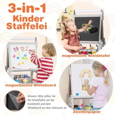 Detská tabuľa 3 v 1 s rolkou papiera a magnetickou tabuľou a bielou tabuľou Obojstranná detská tabuľa šedá