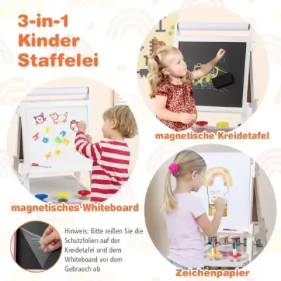 Detská tabuľa 3 v 1 s rolkou papiera a magnetickou tabuľou a bielou tabuľou Obojstranná detská tabuľa biela Detská tabuľa 3 v 1 s rolkou papiera a magnetickou tabuľou a bielou tabuľou Obojstranná detská tabuľa biela