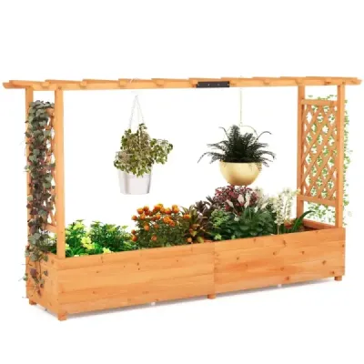 Drevený vyvýšený záhon s mriežkou a závesnou strechou a podperou na popínavé rastliny Box na sadenie 200 x 44 x 114 cm