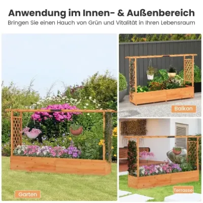 Drevený vyvýšený záhon s mriežkou a závesnou strechou a podperou na popínavé rastliny Box na sadenie 200 x 44 x 114 cm