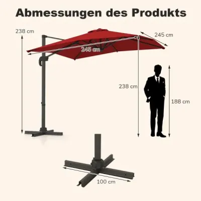 Obdĺžnikový slnečník 250 x 250 cm veľký konzolový slnečník s kľukou červený